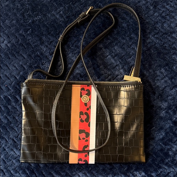 Anne Klein Black Croc-Embossed Crossbody Bag with Red and Orange Stripe - Picture 1 of 6